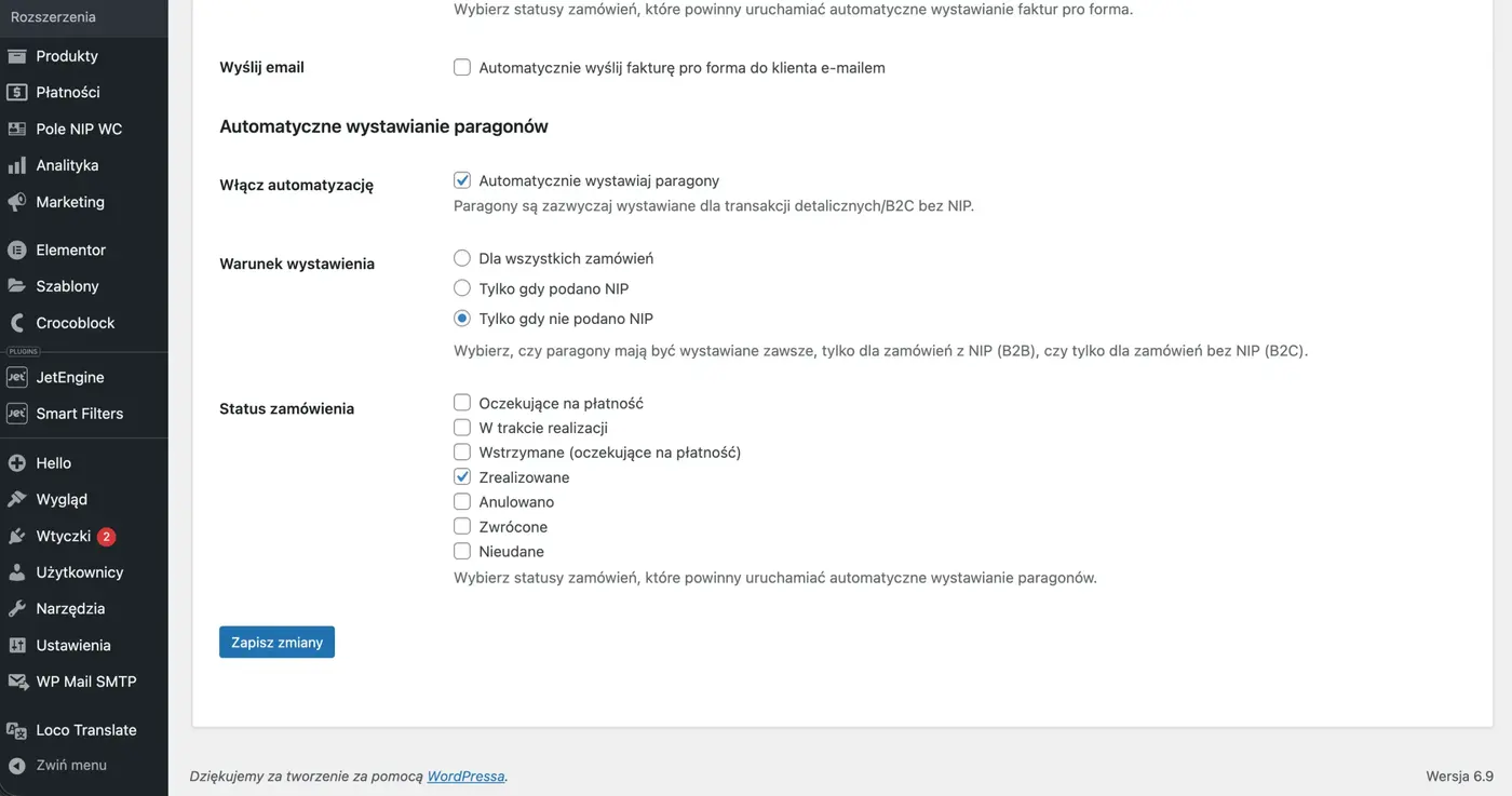Automatyczne wystawianie paragonów po zmianie statusu zamówienia