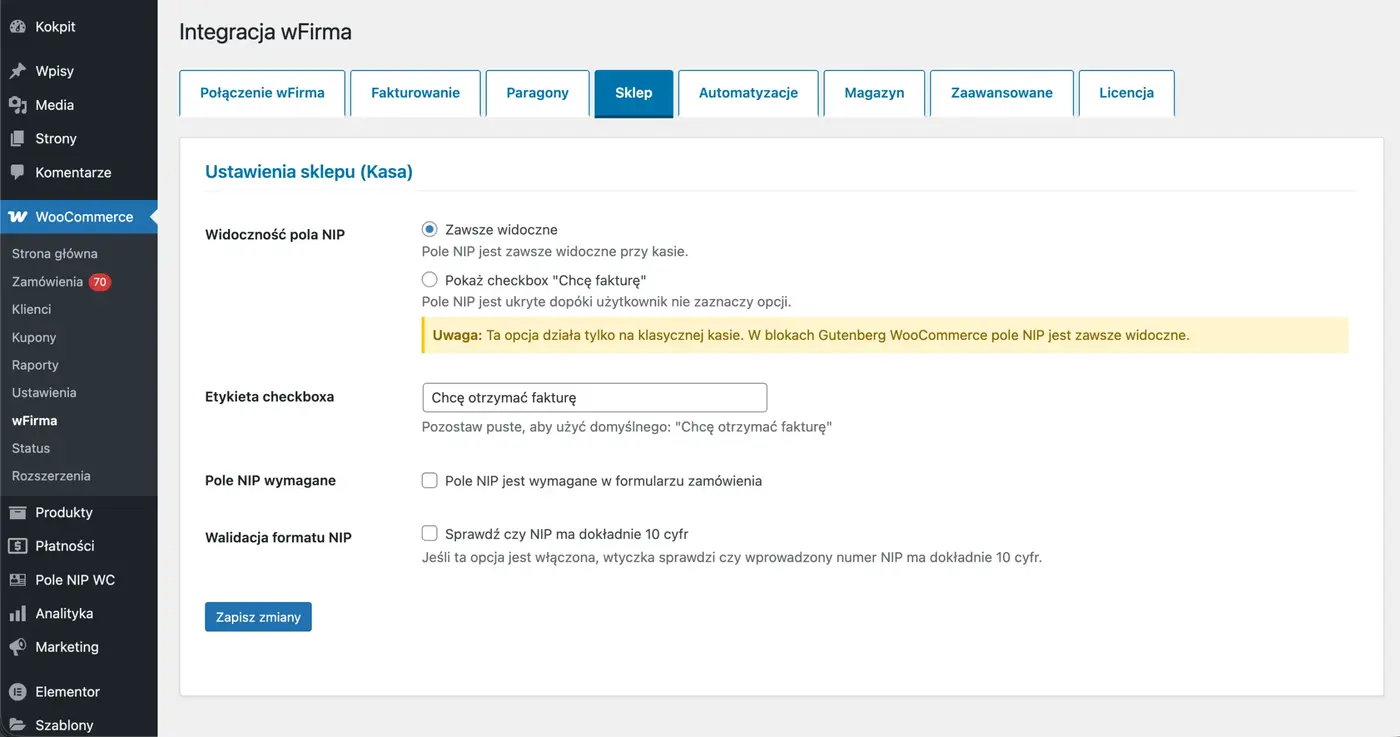 Ustawienia kasy: pole NIP w WooCommerce